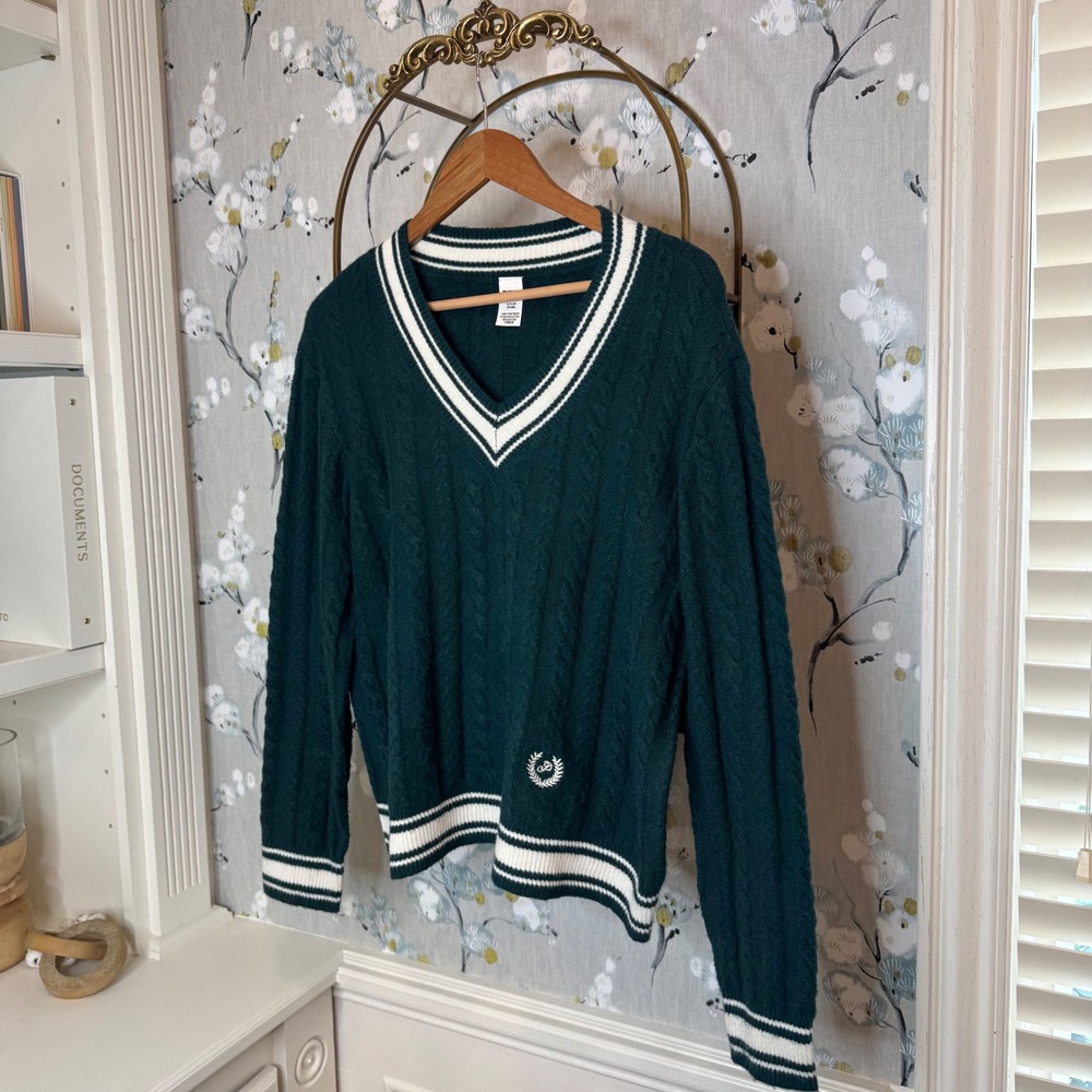 PINK Victoria's Secret Cable Knit Varsity Sweater Green White V-Neck Preppy S - Picture 2 of 5